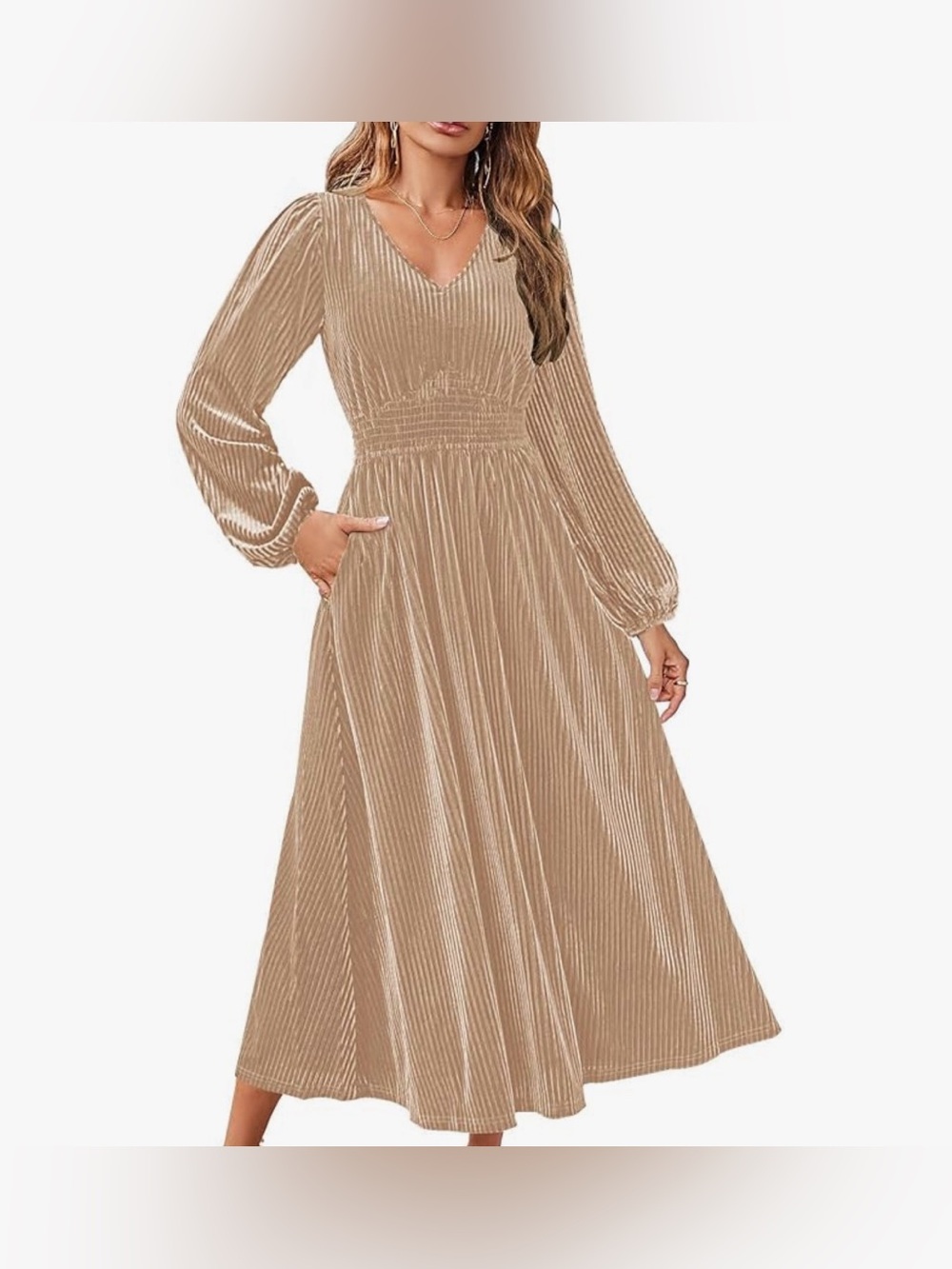 ZESICA Velvet Smocked Waist Midi Dress